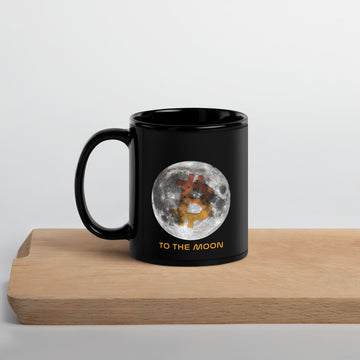 BTC To the Moon Taza negra brillante